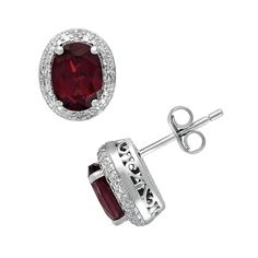 A timeless frame design with diamond accents and genuine garnet stones give these oval stud earrings unsurpassed beauty.Earring Details: Earring length: .43-in. Backings: post Metal: rhodium-plated sterling silverDiamond Details: Carat total weight: less than 1/10 Cut: round Setting: prongGemstone Details: Gemstone type: genuine garnet Cut: oval Setting: prongImage(s) may be enlarged to show detail.Diamond weights are approximate. Diamond total weights may vary between .01 and .08 ct. Some diamo Oval Setting, Post Metal, Oval Stud Earrings, Sapphire Earrings Studs, Ear Jacket Earring, Sapphire Studs, Garnet Jewelry, Celestial Jewelry, Garnet Stone