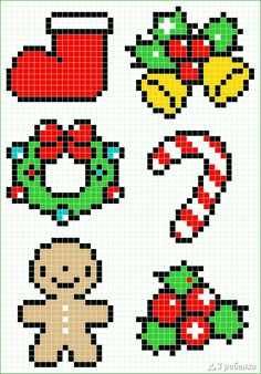 cross stitch pattern with christmas items and decorations on the side, including an ornament