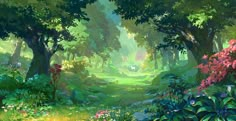 a painting of a lush green forest filled with lots of trees and flowers on the ground