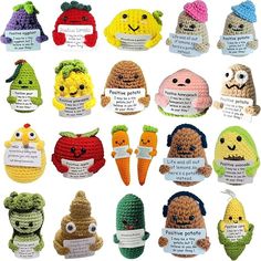 there are many crocheted fruits and vegetables with words written on them to describe what they are