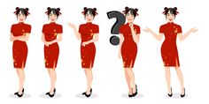 a woman in red dress with question marks on her chest and four different angles to choose from