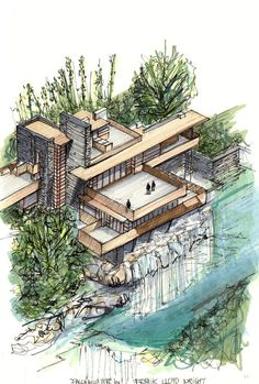 an architectural drawing of a house on the edge of a waterfall with people walking around it