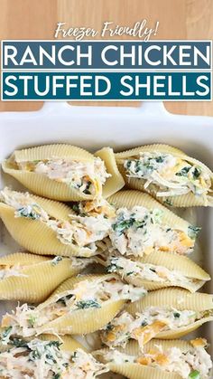 chicken ranch shells in a casserole dish with text overlay