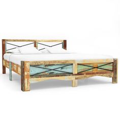 a bed made out of wooden planks and painted with paint on the bottom, sitting in front of a white background