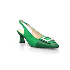 a green high heeled shoe with a metal buckle