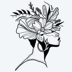 a black and white drawing of a woman's head with flowers in her hair