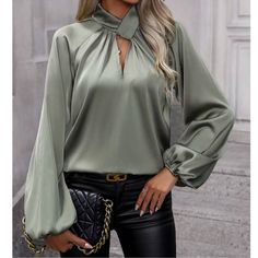 Classic Twist Detail Cut Out Satin Long Sleeve Top Xs S M L Xl Xxl, 100% Polyester, Ships In 7-8 Days Satin Long Sleeve Top, Butterfly Blouse, Lantern Sleeved Blouses, Satin Long Sleeve, Elegant Maxi Dress, Keyhole Neck, Satin Blouses, Plain Tops, Floral Midi Skirt