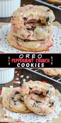 oreo peppermin crunch cookies are stacked on top of each other and ready to be eaten