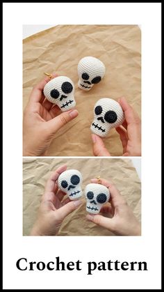 crocheted skulls are shown in three different pictures, one is white and the other is black