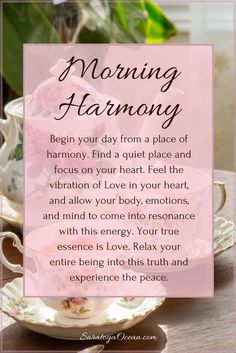 a pink tea cup and saucer with the words morning harmony on it