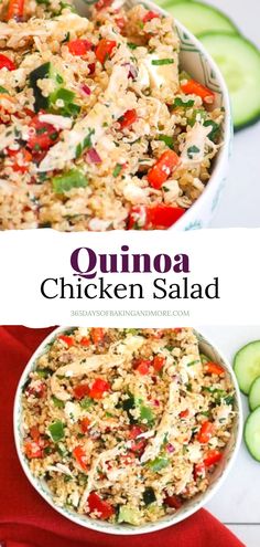 chicken salad in a bowl with cucumbers around it and the title overlay reads, quinoa chicken salad