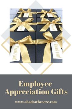 an employee appreciation gift box with gold ribbon