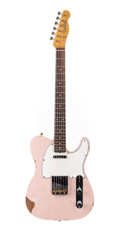 an electric guitar that is pink and white