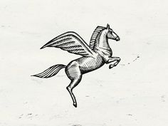 a black and white drawing of a horse with wings