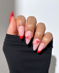 30+ Bow Nail Designs That Reflect the Essence of Coquette Elegance Pink And Red Bow Nails, Nails Design With Hearts, Bows Nails Design, Black And Pink Bow Nails, Biab Nails Inspiration Winter, How To Draw A Snowflake On Nails, Thanking Nails, Christmas Bow Nails Design, Red Nails With Bow Design