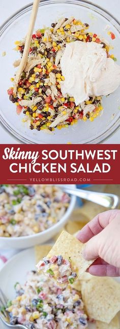 Skinny Southwest Chicken Salad - Made with tons of healthy veggies and a creamy… Chicken Salad Appetizer, Salad Skewers, Southwest Chicken Salad, Resep Salad, Southwest Chicken, Salad Pasta, Healthy Veggies, Kebabs, Cucumber Salad