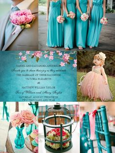 a collage of different pictures with flowers and birdscage in them, including the bridesmaid's dresses