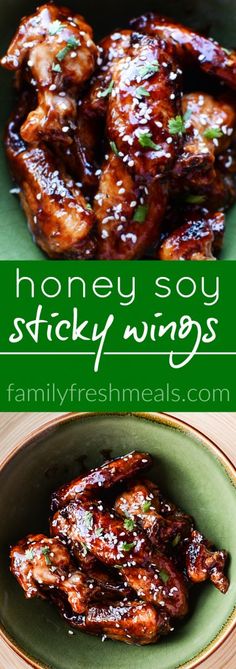 honey soy sticky wings in a green bowl