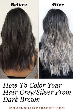 Unique Trending hairstyle ideas|hairstyles for school Diy Silver Hair, Brown Dyed Hair, Blonde Hair Color Natural, Grey Hair Diy, Blonde Hair Freckles, Grey Balayage, Black And Silver Hair, Blonde Ombre Hair, Dark Grey Hair