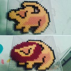 two pictures of an object made out of perler beads, one with a cartoon character on it