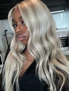 Black girl blonde ✨ Ash Blonde Wigs For Black Women, Platinum Blonde Balayage Black Women, Icy Blonde On Dark Skin, Ash Blonde Frontal Wig Hairstyles, White Blonde Hair Black Women, Blonde Hair With Highlights Black Women, Platinum Blonde On Black Women, Blonde Wig Light Skin Girl, Black Women Platinum Blonde Hair