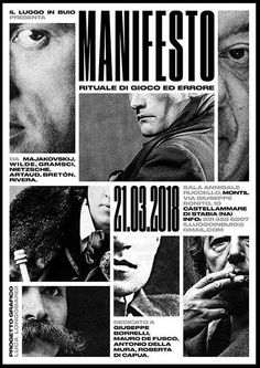 the poster for manfesto is shown in black and white, with images of men