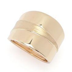 Perfect for any time wear, this gorgeous Viale18K Italian Gold tapered ring is sure to be admired on your finger. You'll love all the compliments! Crafted in rich 18K yellow gold, it features polished and setosa finishes. It will effortlessly elevate any of your favorite looks, whether you're going casual or dressing up. Wear it to a fun luncheon with friends, a day at the office or a special night out. In short, you'll want to wear this golden ring all the time! Luxury Gold Open Band Signet Ring, Luxury Gold Wide Band Open Ring, Luxury Gold Open Wide Band Ring, Luxury Wide Band Open Gold Ring, Luxury Gold Concave Ring, Luxury Wide Band Yellow Gold Ring, Luxury Yellow Gold Open Band Ring, Elegant Yellow Gold Concave Dome Ring, Elegant Jewelry With Polished Edges And Open Band