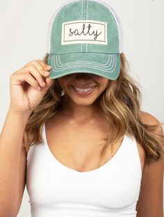 Vintage Distressed Trucker Cap "Salty" Color: Coral or Sage Distressed Material: Cotton/Polyester Blend, Mesh Back Size: One Size Fits Most, Unisex Cap With An Adjustable Snapback Strap Trendy Cotton Trucker Hat For Beach, Casual Beach Trucker Hat With Letter Print, Casual Trucker Hat With Letter Print For Beach, Green Trucker Hat With Letter Print For The Beach, Green Letter Print Trucker Hat For Beach, Green Letter Print Trucker Hat For The Beach, Casual Green Trucker Hat For Vacation, Casual Letter Print Hat For Beach Season, Color Coral