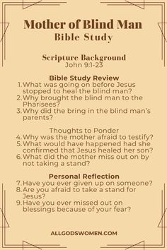 the mother of blind man bible study guide is shown in brown and black with an orange border