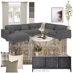 a living room with gray couches and rugs