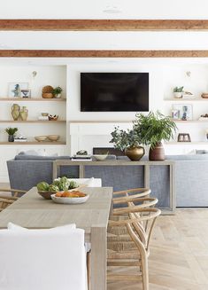 a dining room table and chairs in front of a flat screen tv mounted on the wall