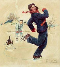 a drawing of a man playing baseball with a dog on the snow covered ground next to him