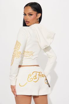 Available In Ivory. Hoodie Front Zip Long Sleeve Front And Back Screen Ed Hardy Graphic Stretch Pair To "Ed Hardy Tiger Head Shorts" Disclaimer: Due To The Printing Process A Difference In Saturation May Occur. Each Garment Is Unique. 55% Cotton 45% Polyester Imported | Ed Hardy Tiger Head Zip Front Hoodie in Ivory size XL by Fashion Nova White Fitted Trendy Hoodie, Fitted White Hoodie Sweatshirt, White Fitted Hoodie Sweatshirt, White Fitted Hoodie, Hooded Cream Tops For Loungewear, White Fitted Sweatshirt For Loungewear, Fitted White Hoodie For Fall, Cream Hooded Tops For Loungewear, Fitted White Sweatshirt For Loungewear