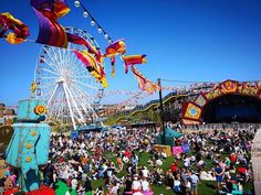 a crowd of people sitting on top of a lush green field next to a ferris wheel