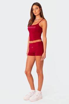 PRODUCT INFO Tank top Graphic text Tiny bow detail Adjustable straps Cotton, Spandex Model wears size S Model height is 5'9 Item care: Wash with similar color Flannel Sweatshirt, Graphic Trends, Cropped Camisole, Tiny Bow, Swimwear Dress, Open Knit Sweater, Cropped Cami, Metallic Dress, Swimsuit Cover Ups