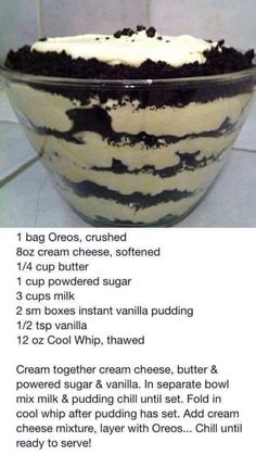 Cookies And Cream Dessert, Oreo Desserts, Dessert Oreo, Dirt Cake, Trifle Desserts, Oreo Recipes, Trifle Recipe, Oreo Dessert, Cream Desserts