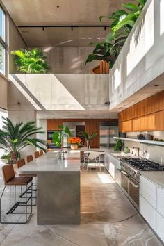 Industrial Tropical House, Brutalist Kitchen, Modern Tropical Kitchen, Tropical Kitchen Design, Mezzanine House, Brutalist Aesthetic, Tropical Modernism, Tropical Elements, Tropical Kitchen