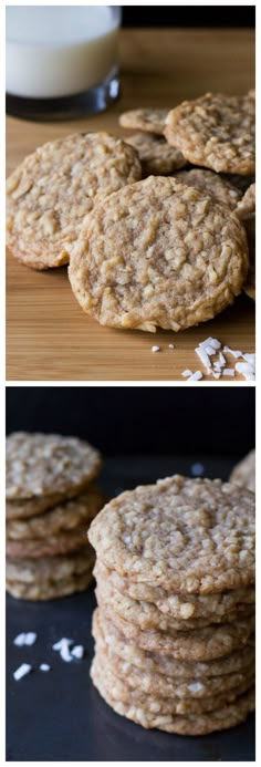 three different views of cookies with milk in the background and on the right, there is an image of oatmeal cookies