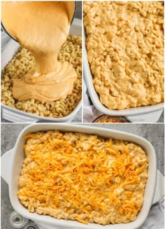 the process to make macaroni and cheese casserole is shown in pictures