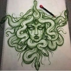 a pencil drawing of a woman's face with snakes on her head and eyes