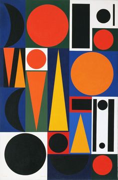 an abstract painting with various shapes and colors