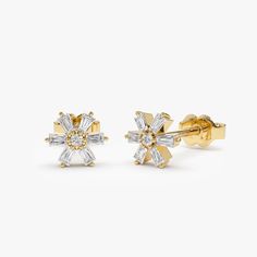 "Diamond Earring Studs / 14k Gold Flower Design Baguette Diamond Earrings / Baguette Diamond Studs by Ferko's Fine Jewelry * SOLD AS A PAIR Features * Gold Kt: 14K Gold (Please message me if you want 18K) * Available Gold Color: Rose Gold, Yellow Gold, White Gold * Length: 6.8 MM * Height: 5 MM * Round Diamond: 2 Pc 2.0 MM * Round Diamond: 12 Pcs 2.0 x 1.35 MM * Total CTW: 0.23 CTW * Diamond Color-Clarity: G Color Si Clarity Be sure to hit \"favorite\" on the right so it remains on your favorite Yellow Gold Round Earrings With Baguette Diamonds, Formal Baguette Cubic Zirconia Earrings, Luxury Yellow Gold Baguette Earrings, 14k Gold Round Baguette Diamond Earrings, 14k Gold Diamond Earrings With Baguette Diamonds, 14k Gold Baguette Diamond Earrings, White Gold Baguette Earrings For Anniversary, Wedding Earrings With Baguette Diamonds, Gold Baguette Earrings Fine Jewelry