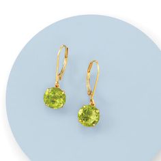 Ross-Simons - 3.90 ct. t. w. Peridot Drop Earrings in 14kt Yellow Gold. Celebrate an August birthday wearing these cool green earrings complemented by sun-kissed 14kt yellow gold. Bright 3.90 ct. t. w. peridots make a luscious statement. Hanging length is 1". Leverback, peridot drop earrings. Peridot birthstones are the perfect gift for August birthdays. Classic Green Earrings For May Birthstone, Classic Green Round Earrings, Elegant Lime Green Earrings For Formal Occasions, Elegant Lime Green Earrings For Formal Events, Classic Green Peridot Earrings, Classic Green Round Cut Earrings, Green 14k Gold Round Earrings, Round Green 14k Gold Earrings, Classic Green Earrings With Ear Wire