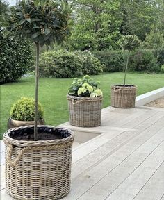 three wicker planters with plants in them on a deck