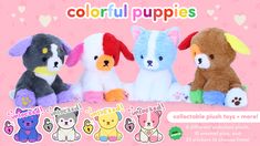 three stuffed animals are sitting in front of a pink background with the words, colorful puppies