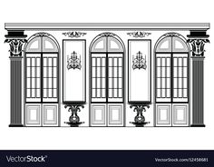 an architectural drawing of a building with arched doors and columns on either side, in black and white