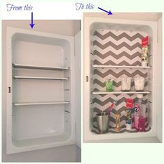 two pictures side by side showing the inside of an empty bathtub with shelves above it