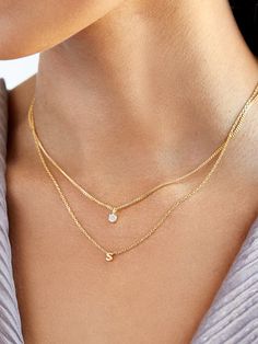 NO WAIT TIME: This product is ready to ship and requires no extra wait time. The perfect solution for when you need the perfect, personalized gift quick (or simply can't wait to get your new piece). An initial necklace is an accessory that everyone needs in their wardrobe. This petite piece features a tiny gold letter on a cable chain, adding something both dainty and sleek to your stack. Choose your initial or that of a loved one, or stack a few to represent your family. Not to mention, this pi Jewelry With Initials, Necklace With Initials Letters, Letter A Jewelry, Push Present Necklace, Dainty Everyday Necklace, Boyfriend Initial Necklace, Simple Necklace Stack, Permanent Jewelry Necklace, Dainty Anniversary Necklace