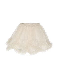 off-white cotton tulle netting embroidered motif elasticated waistband ruffled trim Spring Balletcore Tutu Dress With Ruffles, Spring Tulle Petticoat With Ruffles, Cream Ruffled Tutu Dress For Summer, Spring Cream Tutu Dress In Tulle, Spring Cream Tutu Dress Made Of Tulle, Spring Cream Tulle Tutu Dress, White Tulle Bottoms For Summer, Cream Ruffled Tutu Dress For Spring, Spring Balletcore Tutu Dress With Tulle Skirt