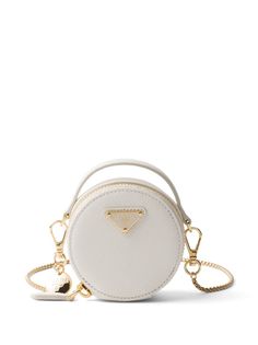 white Saffiano leather enamel triangle logo detachable chain-link shoulder strap single top handle top zip fastening main compartment internal logo patch gold-tone hardware Prada Saffiano Leather Mini Bag, Saffiano Leather Mini Bag, Leather Mini Bag, Prada Saffiano, Chanel 2, Mini Pouches, Demi Fine Jewelry, Triangle Logo, Chunky Boots